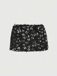 ROMWE Grunge Punk Spódnica mini z bardzo niskim stanem i brokatem i futerkiem, dopasowana, imprezowa