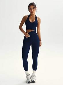 Dewbera 女士纯色简约日常露背上衣和运动裤套装 - 藏蓝色 - 查看 6