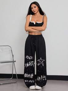 INAWLY Pantalon long décontracté pour femmes avec imprimé lettres et cordon de serrage à la taille, automne