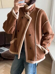 DAZY 女士落肩长袖双排扣保暖内衬常规款外套，冬季女式外套 - 駝色 - 查看 6