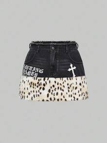 ROMWE Goth 加大码哥特式时尚垃圾摇滚性感 Y2K 哥特式标语印花蛛网 PU 十字迷你牛仔裙，人造毛皮豹纹拼接加大码女式裙子，加大码派对牛仔短裙，加大码秋冬休闲牛仔短裙 - 深灰色 - 查看 1