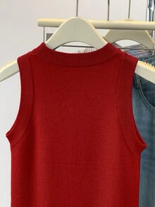 SHEIN Áo len cổ tròn không tay đơn sắc, thoải mái, đa năng dành cho nữ - Màu Đỏ Sâu - Xem 6