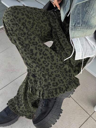 FRIFUL Pantalones casuales anchos con volantes y estampado de leopardo para mujer, pantalones casuales de otoño
