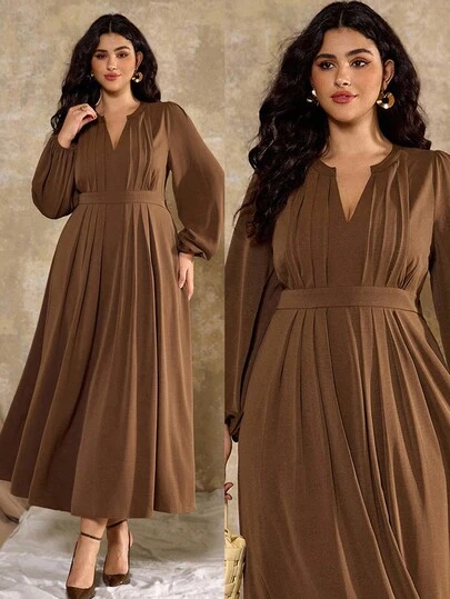 Roveilla 大码女式优雅 V 领褶饰前腰松紧腰口袋长袖连衣裙，休闲、通勤、度假装，春/秋/冬