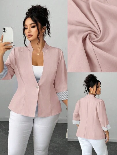 Elenzga 加大码 V 领前开襟优雅通勤色块条纹袖口 3/4 袖二合一多功能通勤西装外套