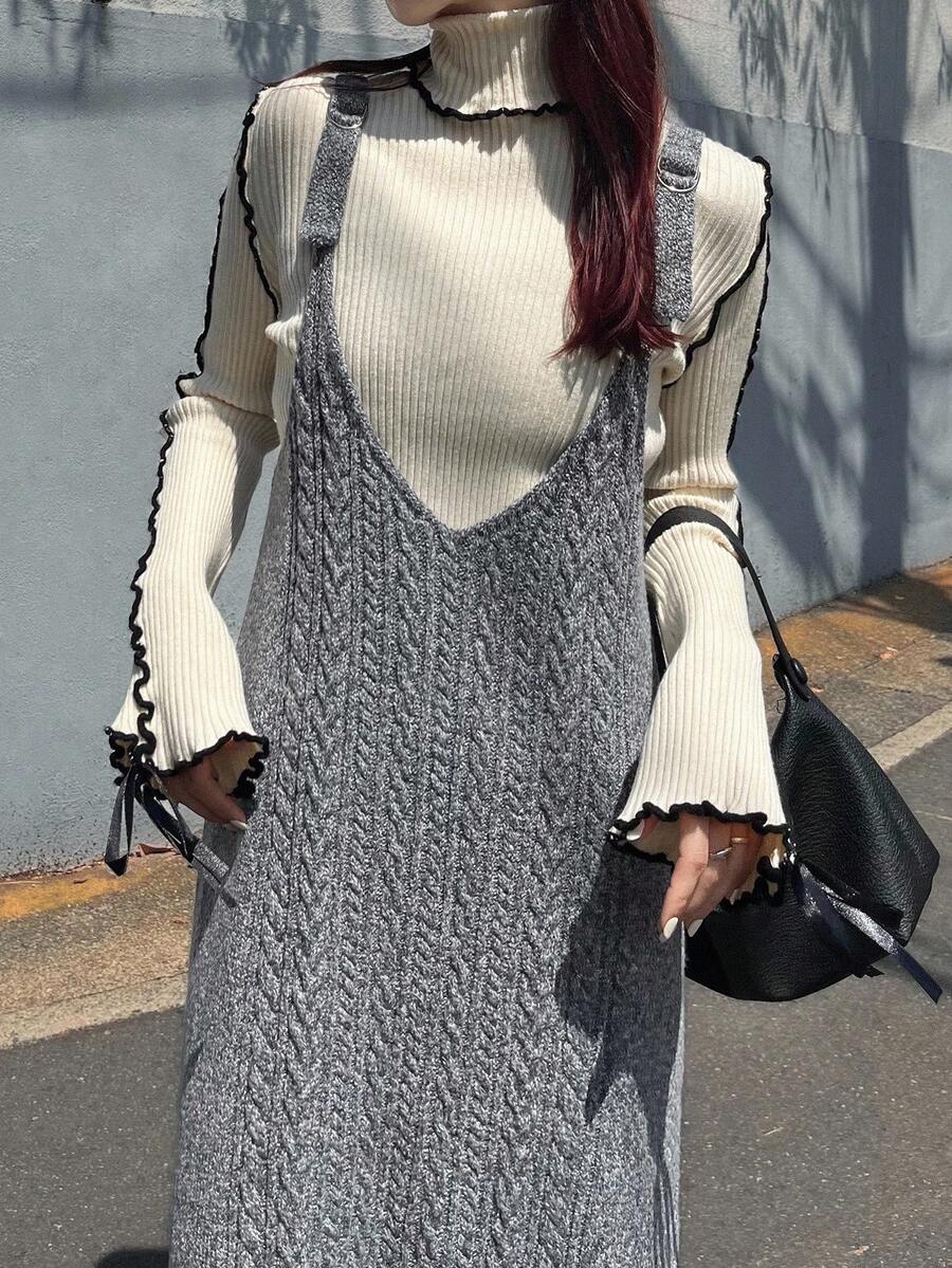 FRIFUL Women's Sleeveless Braided Decor Solid Color Straight Knit Sweater Dress