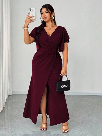 Elenzga Plus Size Elegant Romantic Ruffle Sleeve V-Neck Waist Fitted Mermaid Hem Party Dress, Wine Red, Suitable For Spring, Autumn, Winter, Party, New Year, Wedding Guest