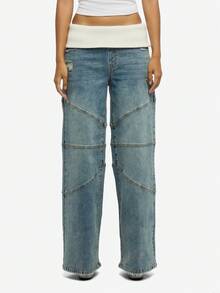 SUMWON WOMEN 棉质高腰宽松阔腿牛仔裤，撞色针织腰带，做旧细节 - 藍色 - 查看 4