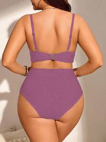 SHEIN Swim Curve 大码女式两件套纯色聚拢细肩带比基尼泳装套装，时尚简约，适合度假 - 淡紫色 - 查看 2