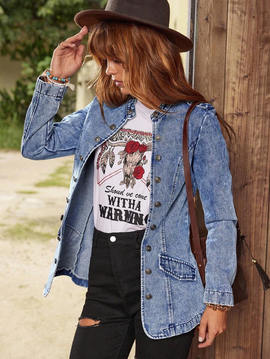 EMERY ROSE Women's Long Sleeve Single-Breasted Casual Versatile Denim Jacket Women Denim Jacket Blue Jean Jacket Acid Wash Denim Jacket Women Jean Blazer Denim Button Down Jacket - Blue - View 1