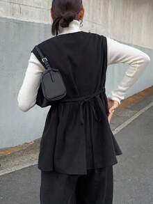 FRIFUL 女式纯黑色收腰上衣，褶饰细节，搭配修身直筒裤，休闲两件套，秋季 - 黑色 - 查看 6