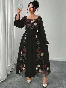 Modelyn Elegant Floral Embroidery Patchwork Plus Size Dress - Black - View 1