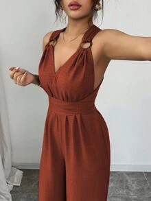 Selianne V领系腰阔腿连体裤，蓝色，女式连体衣，休闲夏装，女士度假装 - 紅木色 - 查看 3