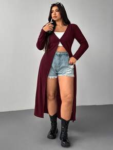 SHEIN EZwear 秋冬大码勃艮第纯色修身休闲开衫 - 酒紅色 - 查看 5