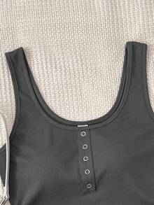 SHEIN 少女基本款白色圆点罗纹白色休闲百搭背心，金属纽扣，工字背心 - 深灰色 - 查看 4