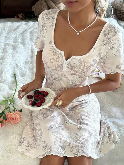 CottageSlumber CottageSlumber Camisón decorativo de manga corta con estampado floral y de conejitos romántico para mujer CottageSlumber