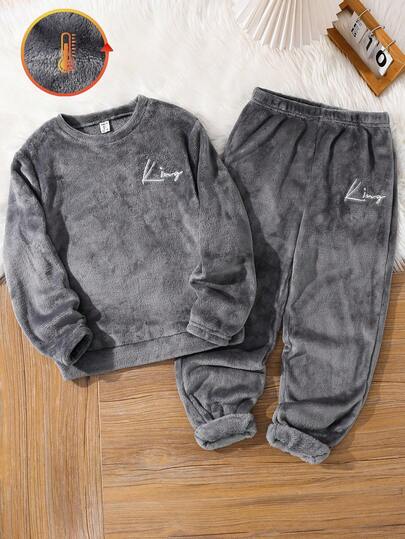 SHEIN 2pcs Kids/Tween Boys' Casual Everyday Comfortable Embroidered Flannel Crew Neck Long Sleeve Top And Loose Fit Drawstring Pants Sleepwear Set Fall Pyjama Set Winter