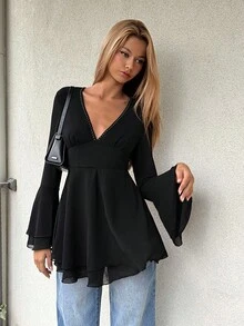 EgrlEra Women's Punk Style Black Mesh Deep V-Neck Riveted Waist Flare Sleeve Ruffle Hem Party Dress, Suitable For Parties And Dates