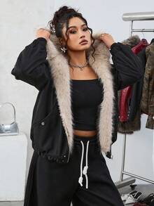 SHEIN EZwear 大码女式仿皮草连帽宽松冬季夹克 - 黑色 - 查看 6