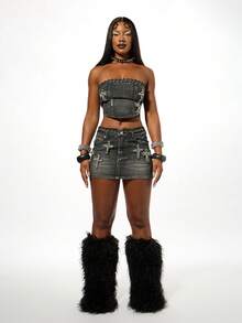 SUMWON WOMEN 棉质十字纹饰抹胸牛仔束身衣上衣系带露肩紧身胸衣 - 黑色 - 查看 6