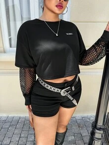 SHEIN EZwear Plus Size Letter Patched Contrast Fishnet Drop Shoulder Crop Top So What - Black - View 4