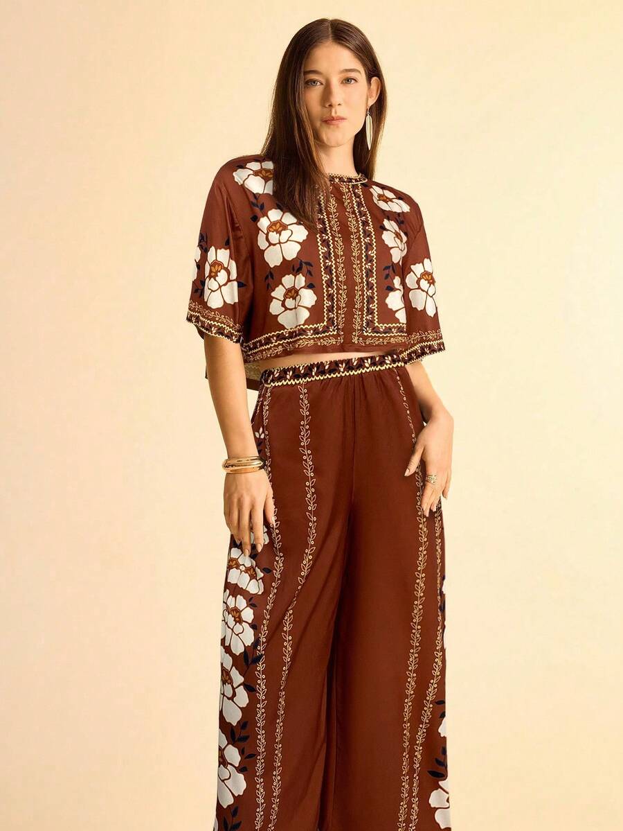 2pcs/Set Women Printed T-Shirt And Wide Leg Pants - Brown - View 1