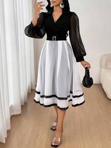 SHEIN Lady Váy dài tay cổ chữ V màu tương phản cho nữ - Đen và trắng - Xem 6