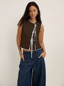 Nöista Áo tank top nữ buộc dây phía trước, kiểu dáng thường ngày, phù hợp cho công sở và mùa tựu trường. - màu nâu - Xem 3