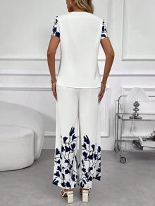 Rusticease 花卉印花T恤和彈性腰寬腿褲 - 白色 - 查看 2