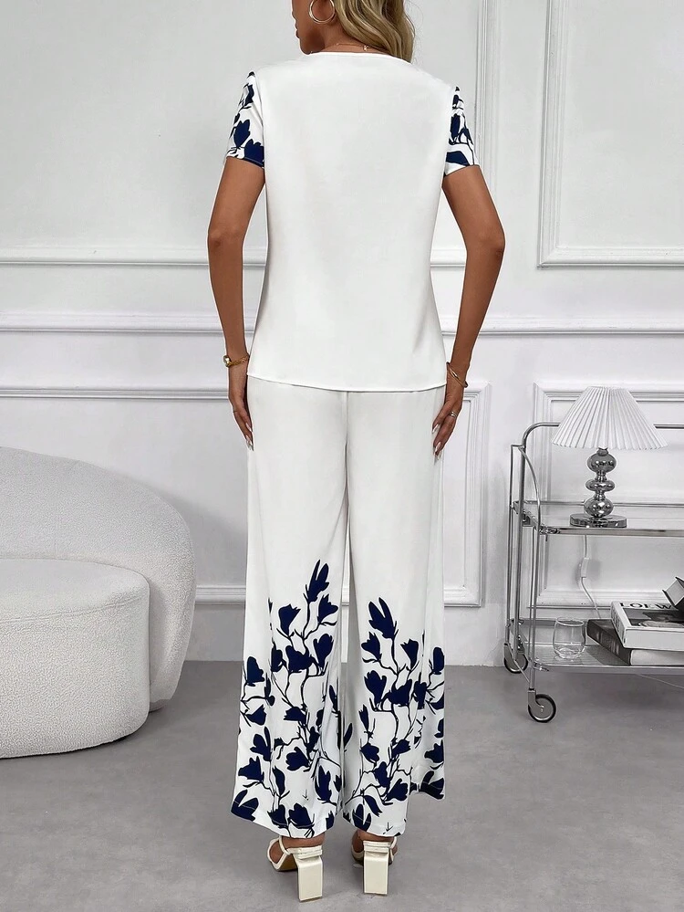 Floral Print Tee & Elastic Waist Wide Leg Pants