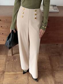 Elyressa 女式休闲双排扣装饰宽松裤 - 杏色 - 查看 3