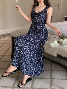 DAZY Ditsy Floral Ruffle Collar Waist Cinched Sleeveless Women Nightgown Pajama - Navy Blue - View 6