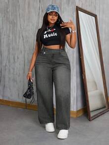 SHEIN SXY Quần jean nam thời trang thường ngày không co giãn phong cách cowgirl cỡ lớn mùa đông cá tính, họa tiết thánh Patrick - Màu xám đen - Xem 1