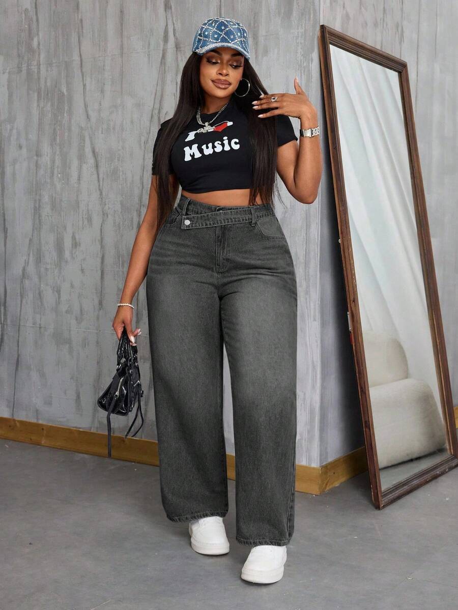 SHEIN SXY Quần jean nam thời trang thường ngày không co giãn phong cách cowgirl cỡ lớn mùa đông cá tính, họa tiết thánh Patrick - Màu xám đen - Xem 1