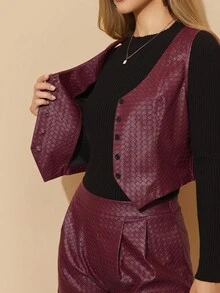 Amorya 女士优雅高端勃艮第 PU 背心和短裤两件套，适合日常、派对和多场合穿着，秋季 - 酒紅色 - 查看 7