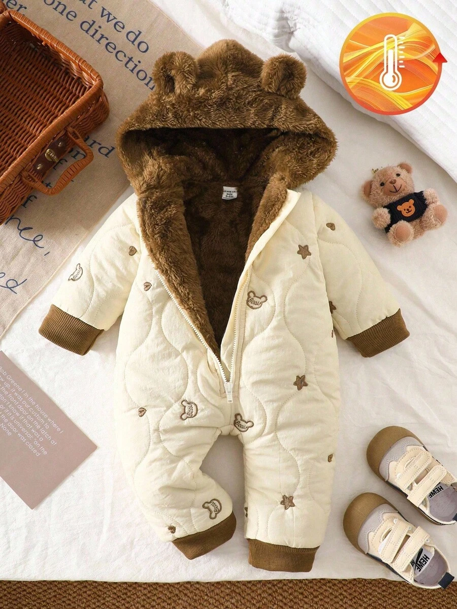 SHEIN Newborn Baby Boy Baby Girl Unisex Infant Winter Cute Heart & Star Embroidered Hooded Long Sleeve Jumpsuit With Plush Ear Hat, Suitable For Outdoor Play, Indoor Leisure, And Photo Shooting Baby Winter Coat Infant Winter Clothes Baby Bear Jacket Baby Bear Jumpsuit Jacket Unisex Baby Clothes Fall - Apricot - View 1