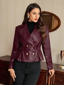 Vintamour 复古经典优雅女士常规夹克，秋冬修身大领双排扣金属纽扣夹克，腰带夹克，PU 皮夹克，安哥拉红夹克，长袖夹克