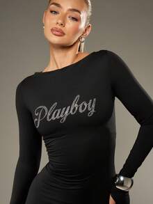 Missguided x Playboy فستان ماكسي طويل الأكمام مناسب للشكل مع نص مرصع بالراين وظهر مشدود للحفلات المسائية وحفلات النوادي والمناسبات الرسمية - الأسود - مشاهدة 5