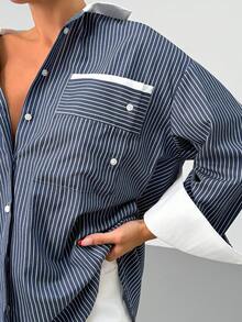 SHEIN Áo sơ mi nữ cài nút sọc xanh navy có cổ và túi màu trắng tương phản - Xanh và trắng - Xem 4