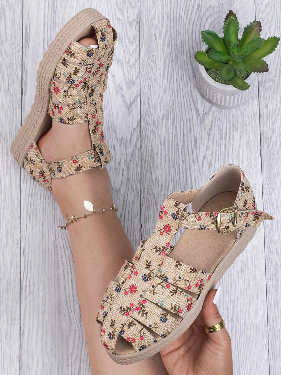 Sandalias tipo huarache de moda para dama con hermoso acabado elegante con estampado floral estilo casual, punta redonda, correa con hebilla, suela tipo trenzada, para uso diario y paseos - Beis - Ver 1