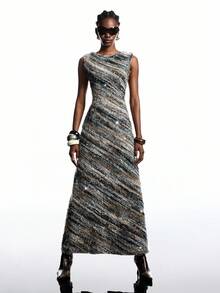 LYSMO 女式条纹圆领亮片设计无袖修身鱼尾下摆长裙 - 彩色 - 查看 6