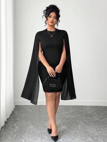 SHEIN PETITE CURVE 大码女式优雅纯色斗篷袖直筒连衣裙，适合通勤 - 黑色 - 查看 5