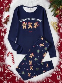 Conjunto de pijama ajustado para adolescentes varones, camiseta de manga larga azul marino con gráfico de hombre de jengibre juguetón, pantalones a juego azul marino con estampado de hombre de jengibre y árbol de Navidad, hecho de tela de punto elástica, perfecto para usar en interiores durante la temporada navideña
