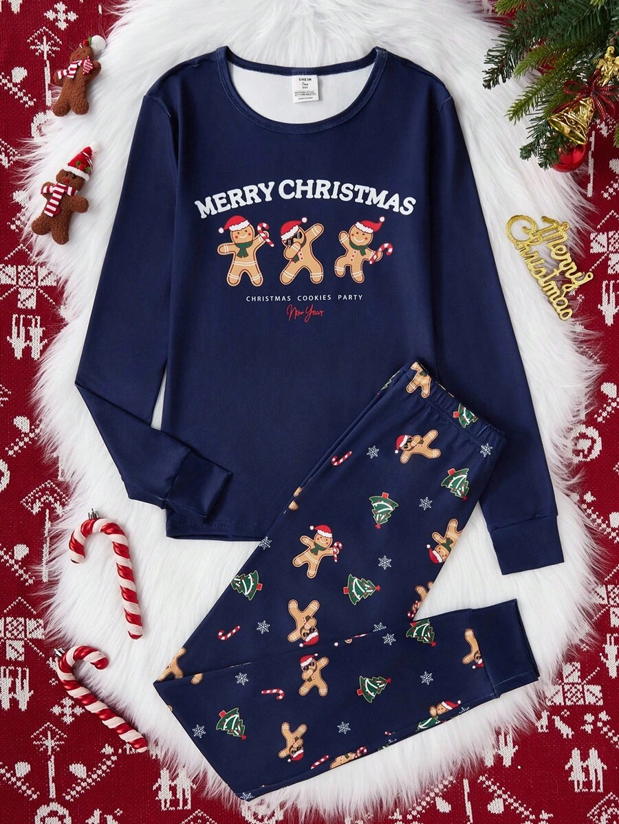 Conjunto de pijama ajustado para adolescentes varones, camiseta de manga larga azul marino con gráfico de hombre de jengibre juguetón, pantalones a juego azul marino con estampado de hombre de jengibre y árbol de Navidad, hecho de tela de punto elástica, perfecto para usar en interiores durante la temporada navideña