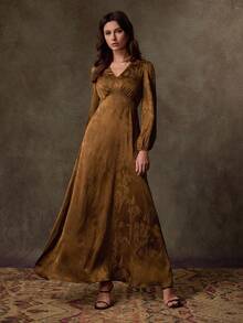 Lilora Elegant Satin Jacquard Deep V-Neck Waist Cinched Long Sleeve Women's Long Dress,Dresses For Women Elegant