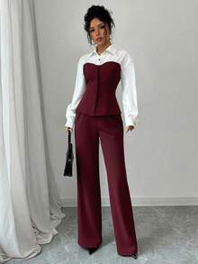 Rafferiza 2pcs/Set Contrast Color Block Slim Fit Shirt And Pants