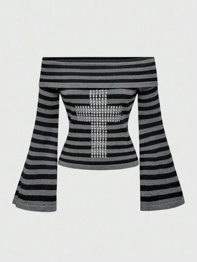 Grunge Punk Top de punto con hombros descubiertos, rayas, tachuelas y cruz, estilo punk sexy Y2K para mujeres