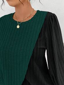 EMERY ROSE Plus Size Black Autumn Curve Smart Casual Loungewear 2 Pieces Set,Soft Knit Ribbed Crew Neck Long Sleeve Asymmetrical Patchwork Top&Straight Leg Pants - Multicolor - View 6
