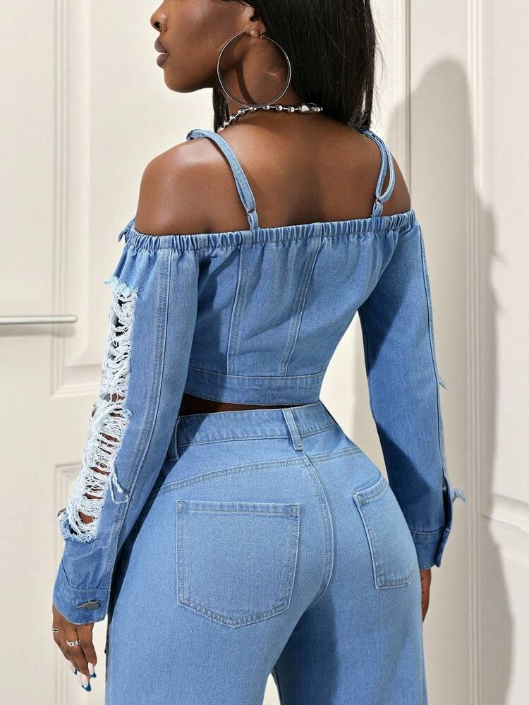 Slaydiva Áo khoác denim hở vai tay dài cài nút phía trước gợi cảm dành cho nữ - Màu xanh lam - Xem 2