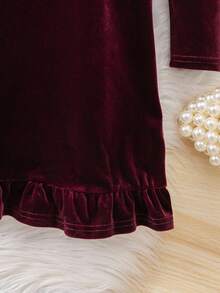 Young Girl Cute & Elegant Red Bow Knitted Long Sleeve Dress - Burgundy - View 5